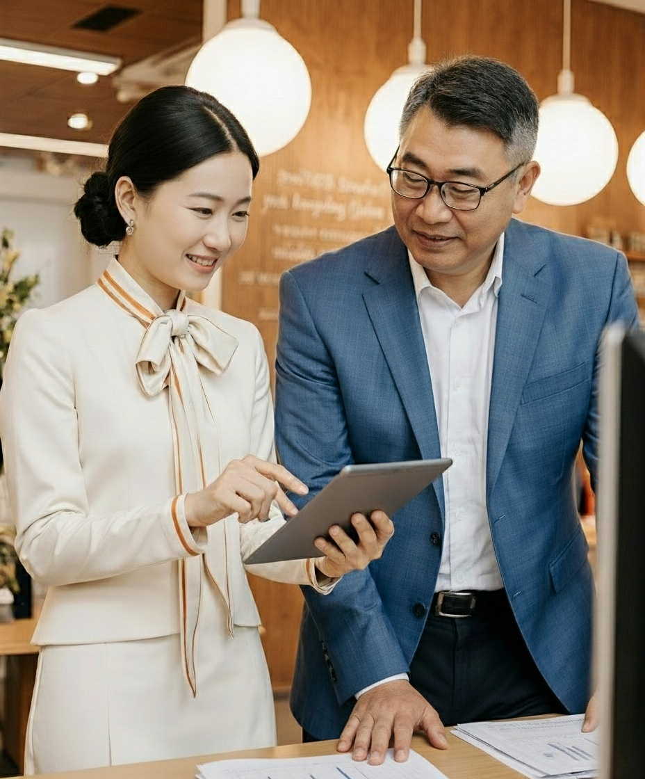 Professional business consulting meeting with two colleagues reviewing strategy on tablet