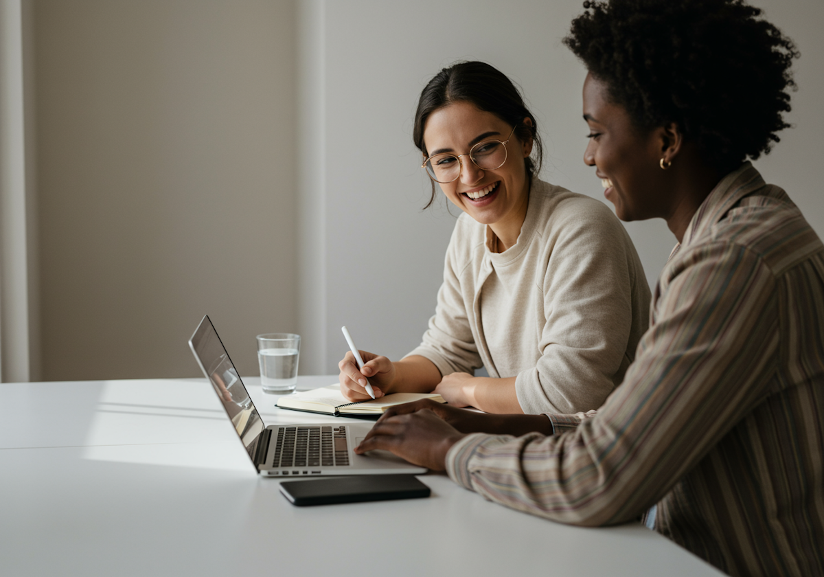 Two women collaborating at laptop in modern workspace