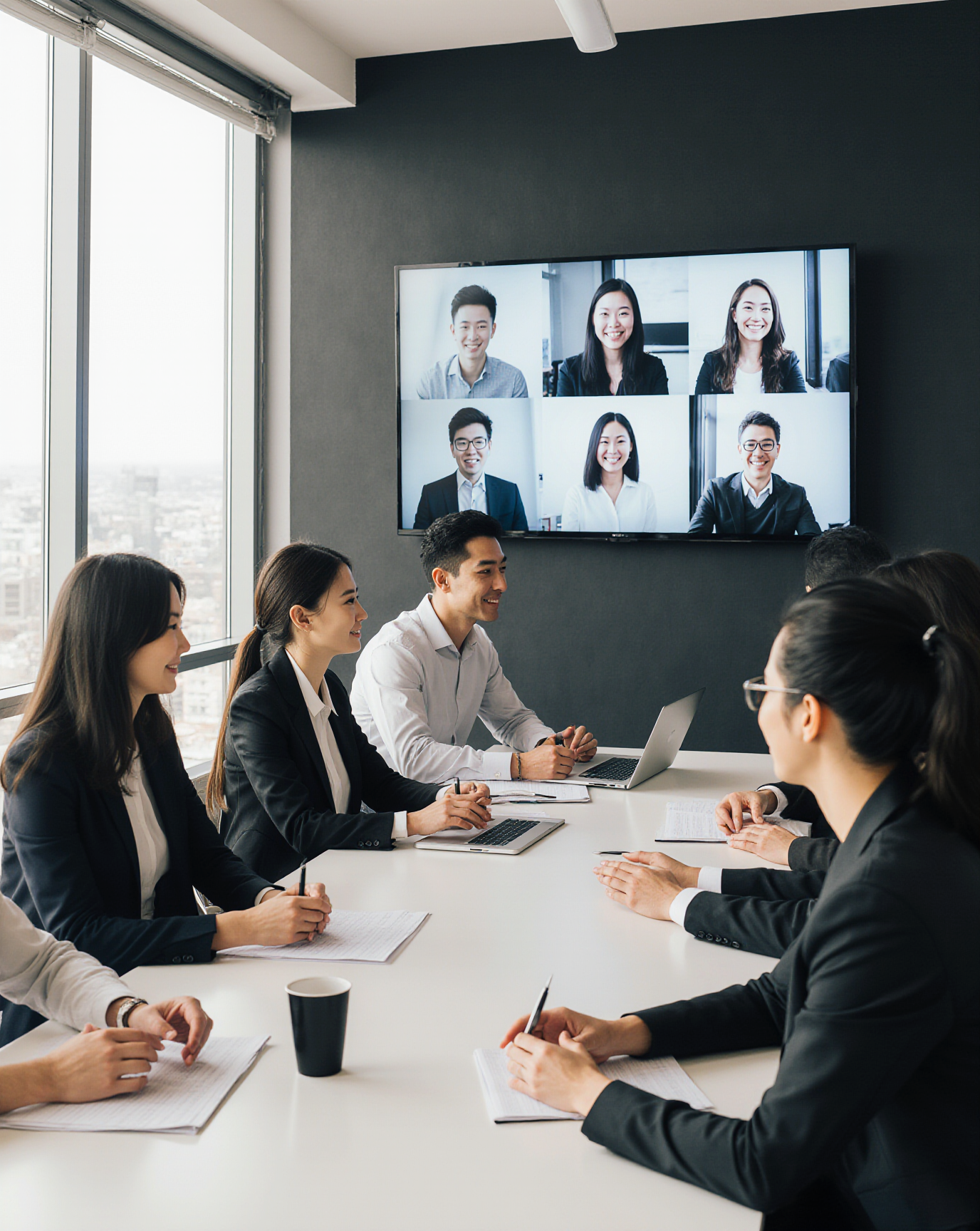 Professional hybrid meeting with both in-person and remote team members collaborating